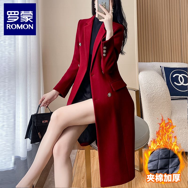 羅蒙毛呢外套女紅色中長款加棉工裝西服風衣高級感超好看呢子大衣