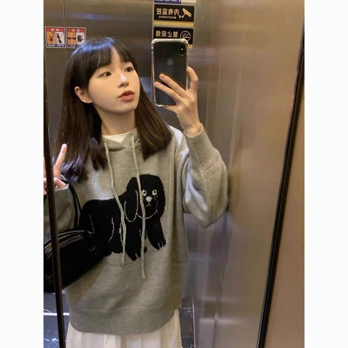 灰色小狗連帽毛衣女春秋冬寬鬆外穿慵懶風設計感小眾套頭針織上衣