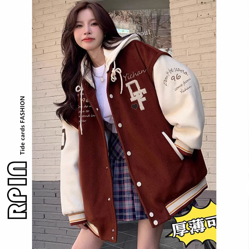 RPIN大碼300斤紅色美式棒球服外套女春秋冬棉衣夾克開衫加厚上衣