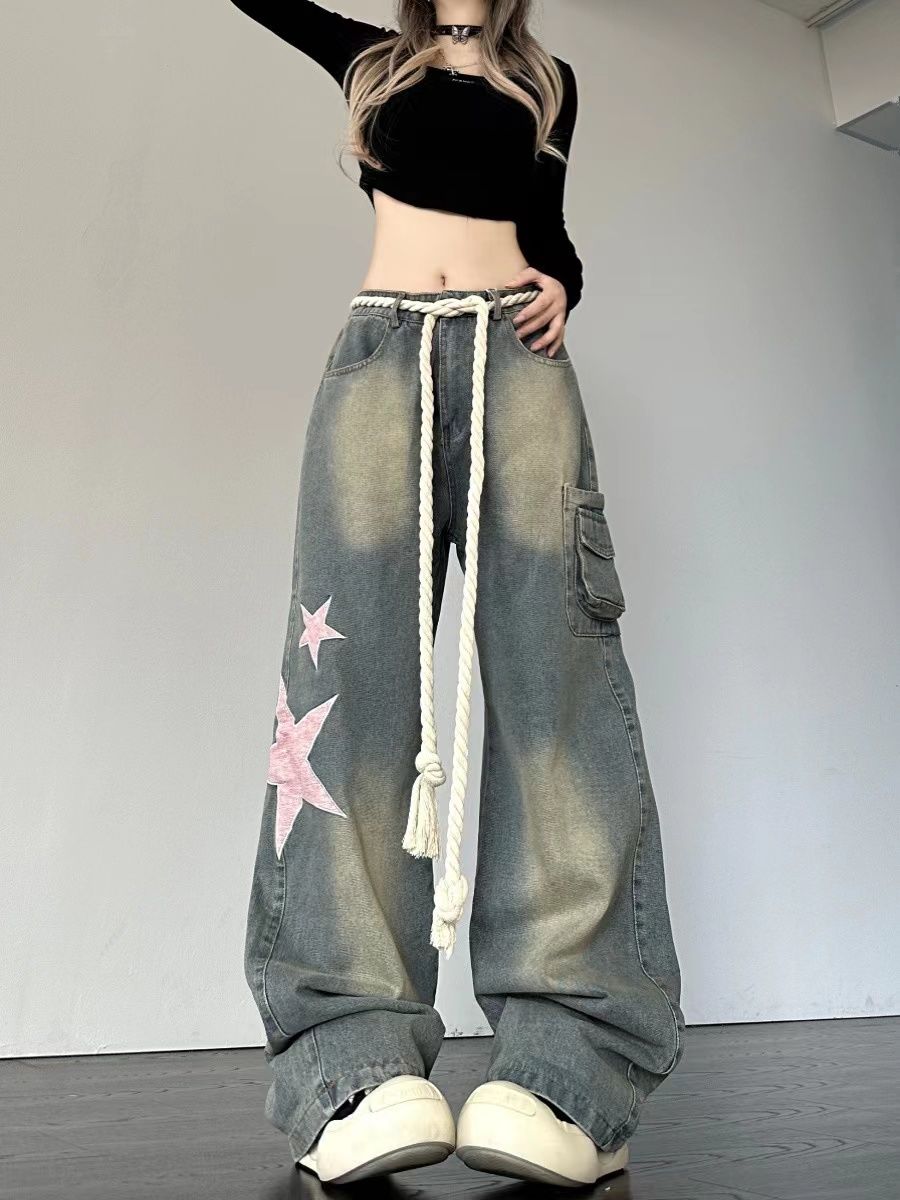 美式vibe復古星星貼布工裝牛仔褲女高街設計感寬鬆直筒闊腿褲潮牌