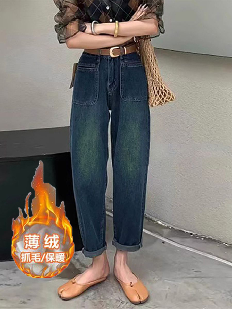 復古藍水洗高腰闊腿九分牛仔褲女2023秋冬薄絨新款顯瘦直筒老爹褲