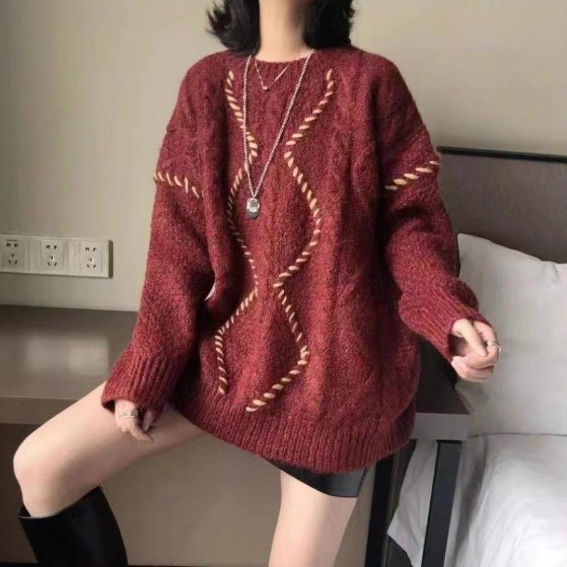 2023秋冬新款加厚紅色麻花毛衣女寬鬆套頭慵懶風軟糯針織衫上衣潮