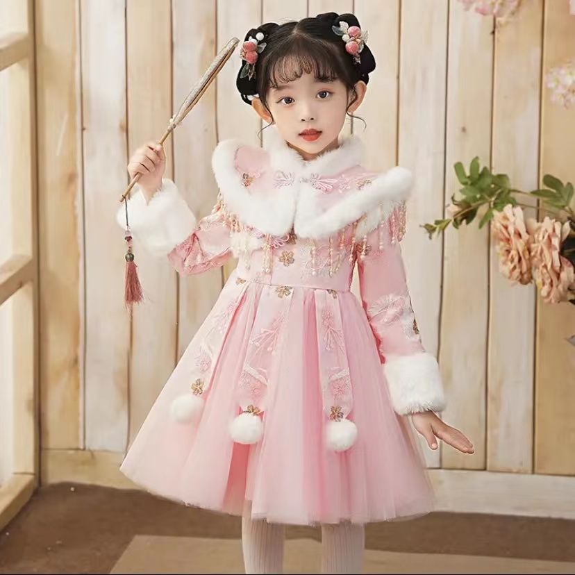 Winter Hanfu girls new velvet costume skirt children New Year's greetings little girl Tang suit Chinese style dress