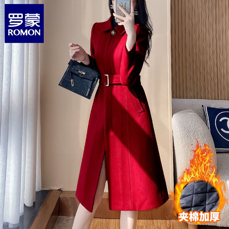 Luo Meng Suit Jacket Women's Burgundy Long Thickened Suit Top Temperament Goddess Style Business Wear Woolen Coat