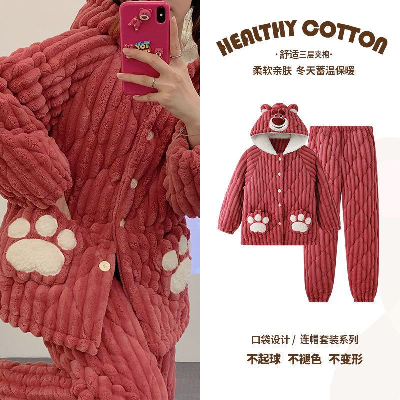 珊瑚絨睡衣女冬季加厚加絨三層夾棉大碼套裝卡通可愛高顏值家居服