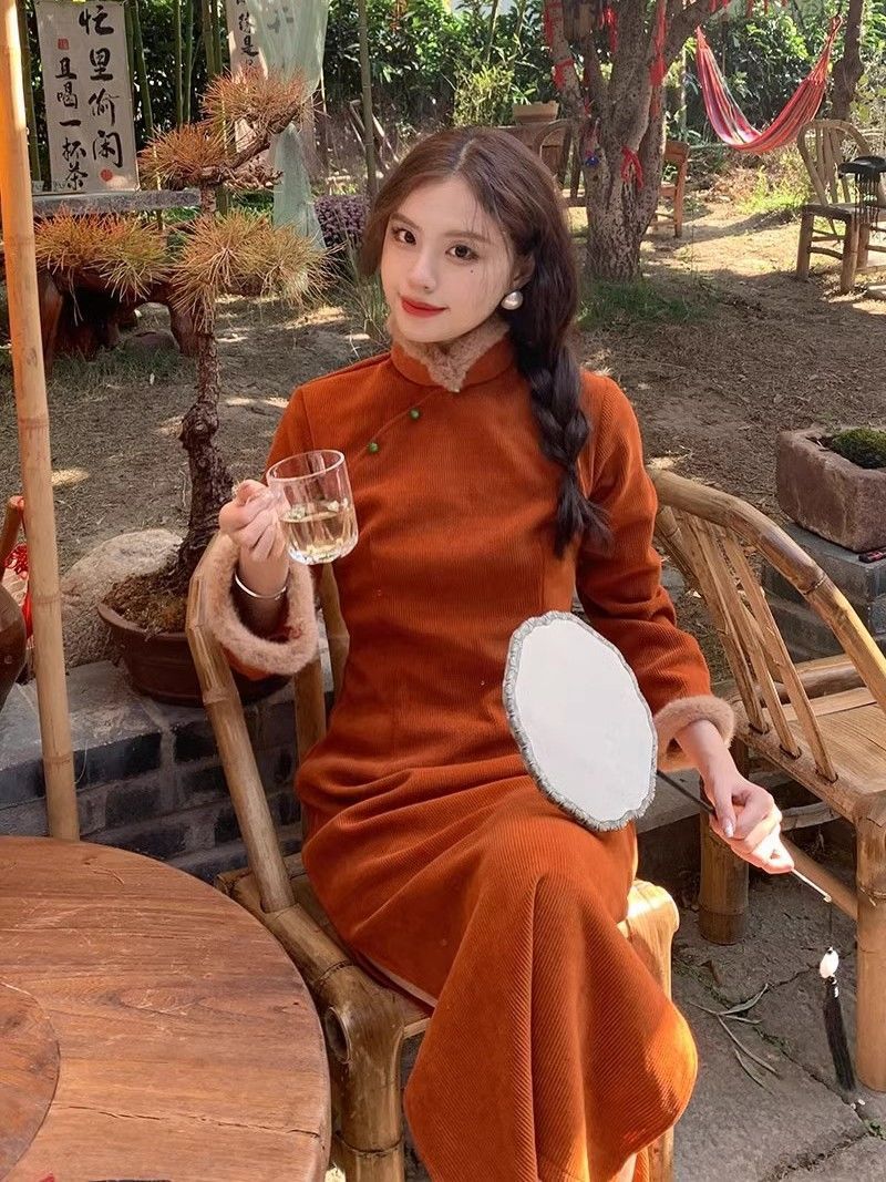 【聲聲慢】新中式長袖旗袍女小個子秋冬加絨加厚民國風新款連衣裙