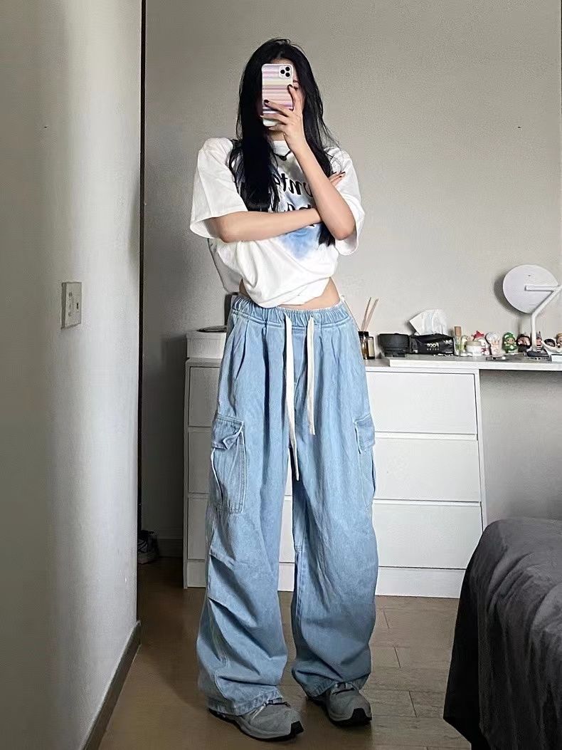 美式高街鬆緊腰工裝牛仔褲女秋冬設計感低腰寬鬆顯瘦大闊腿拖地褲