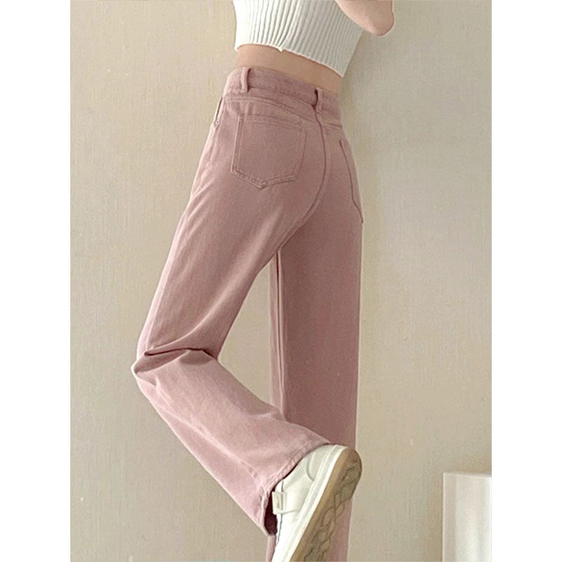 阔腿牛仔裤女2023脏粉色高腰窄版直筒宽松梨形身材垂感拖地裤时尚