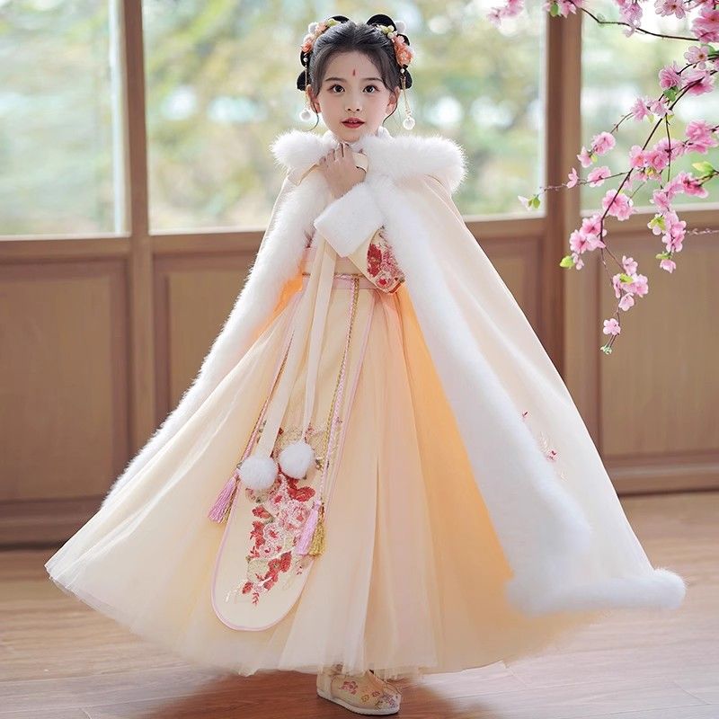 漢服女童秋冬2023新款兒童古風連衣裙唐裝女孩古裝拜年服裙子冬季