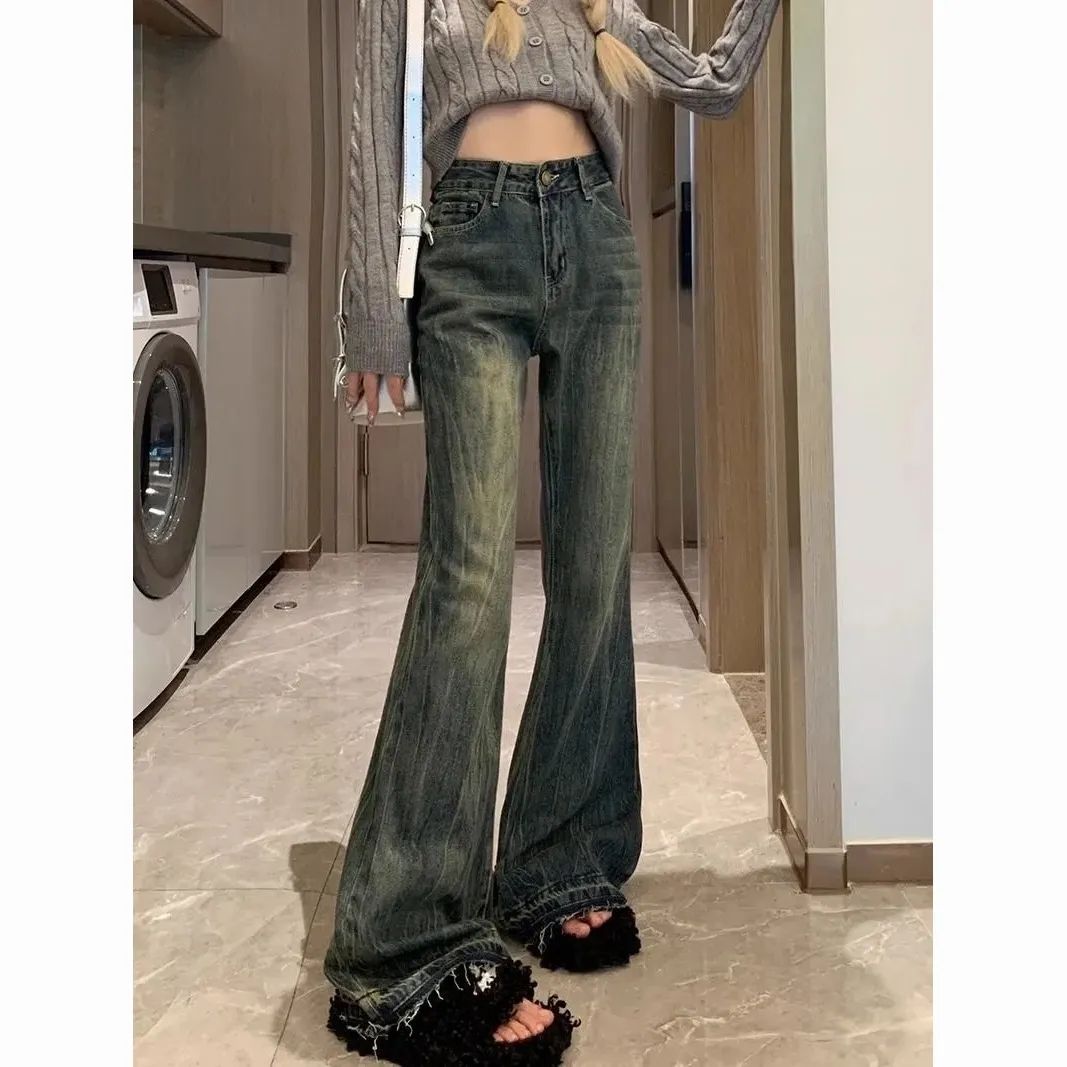 美式設計感復古微喇牛仔褲女春秋小個子高腰顯瘦馬蹄褲闊腿長褲子
