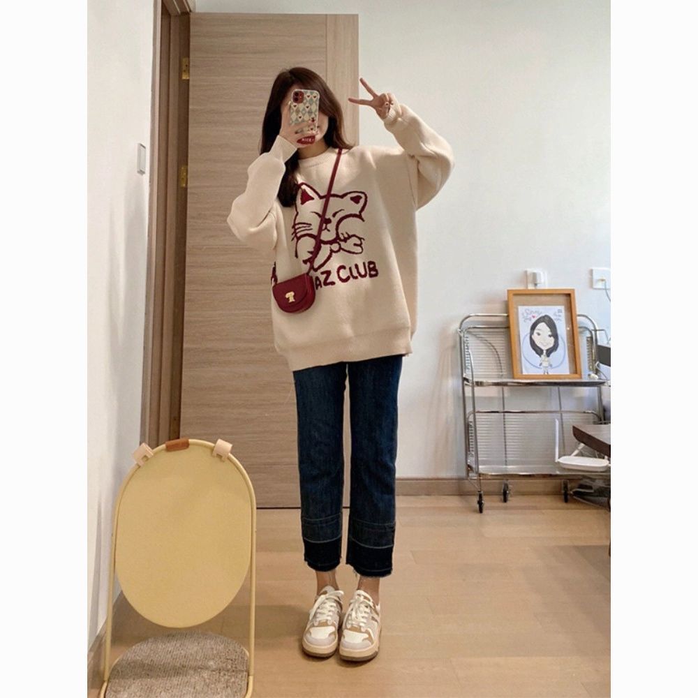 洋氣慵懶風圓領毛衣女秋冬新款高級感寬鬆vintage復古針織衫上衣
