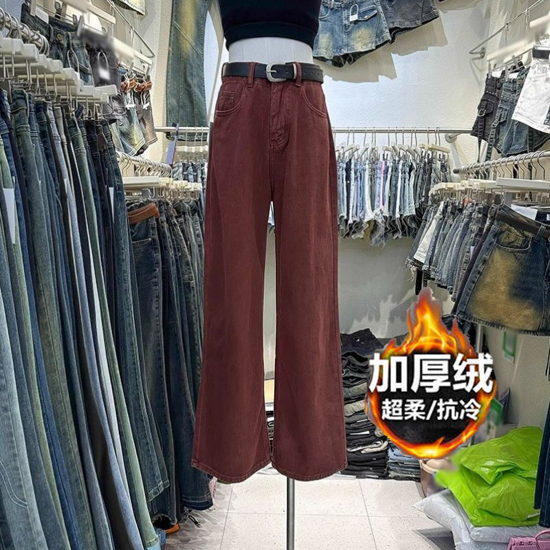 十三行秋冬厚絨復古風高腰寬鬆直筒褲闊腿垂感棗紅色洗水牛仔褲女