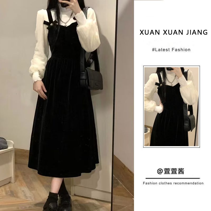 套裝女2023秋冬新款法式氣質長袖打底蕾絲上衣收腰顯瘦絲絨連衣裙