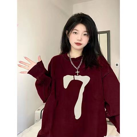 美式復古無帽圓領衛衣女秋季新款學生寬鬆設計感小眾加絨加厚外套