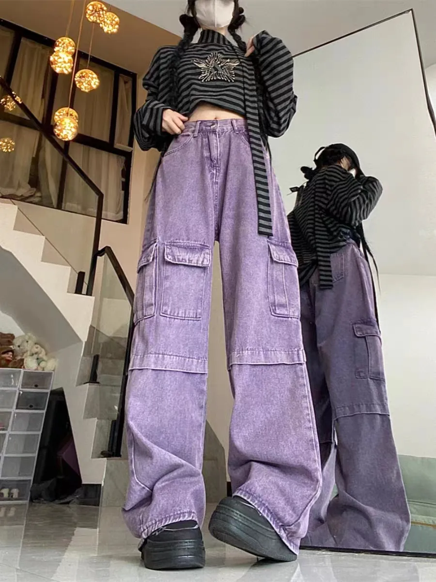 美式復古紫色多口袋工裝牛仔褲女新款ins高腰寬鬆顯瘦直筒闊腿褲