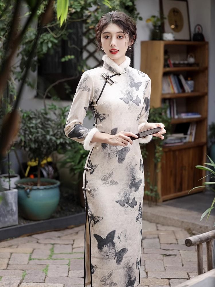 新中式旗袍冬款加絨加厚連衣裙國風長袖秋冬季年輕款女改良日常冬