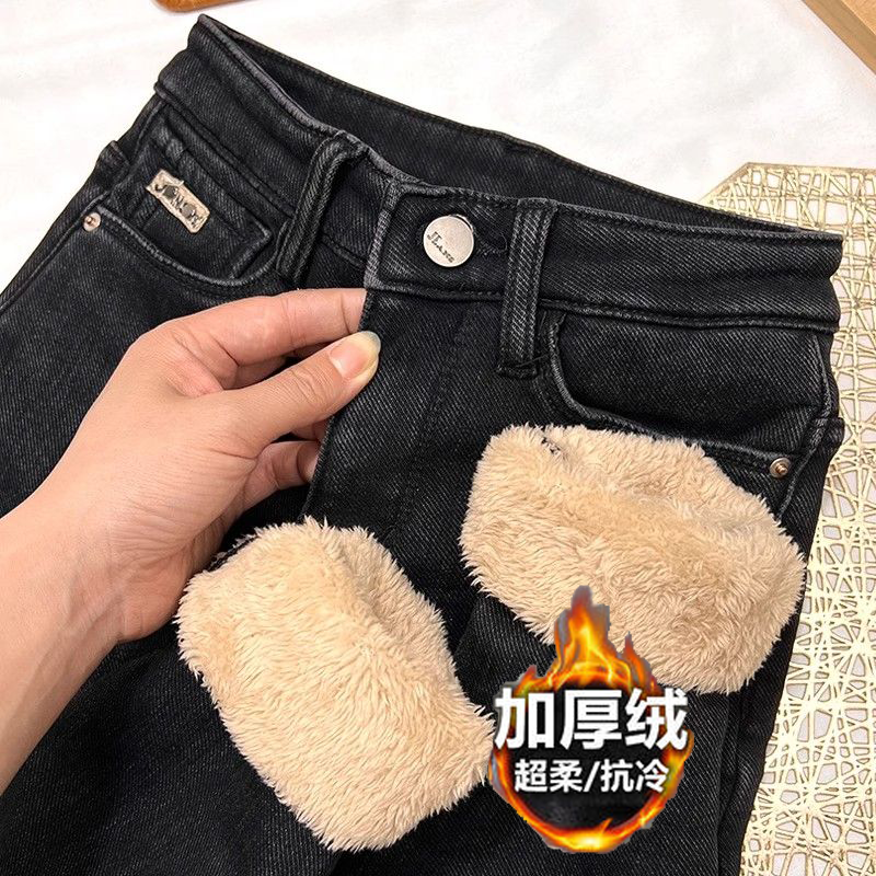 黑灰色加絨牛仔褲女冬季特厚保暖東北棉褲修身顯瘦羊羔毛小腳靴褲