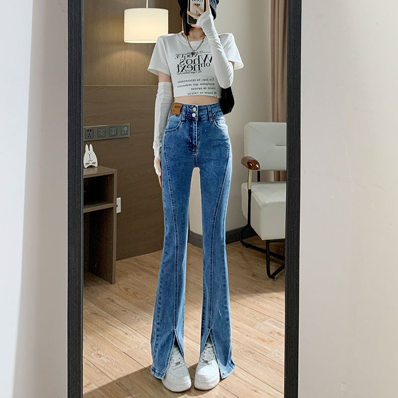 復古藍色開叉微喇牛仔褲女2023年新款高腰顯瘦大碼喇叭褲時尚ins