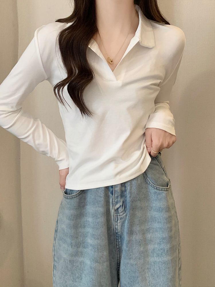2023年春秋冬季白色Polo領長袖T恤女辣妹修身純棉v領上衣打底衫潮
