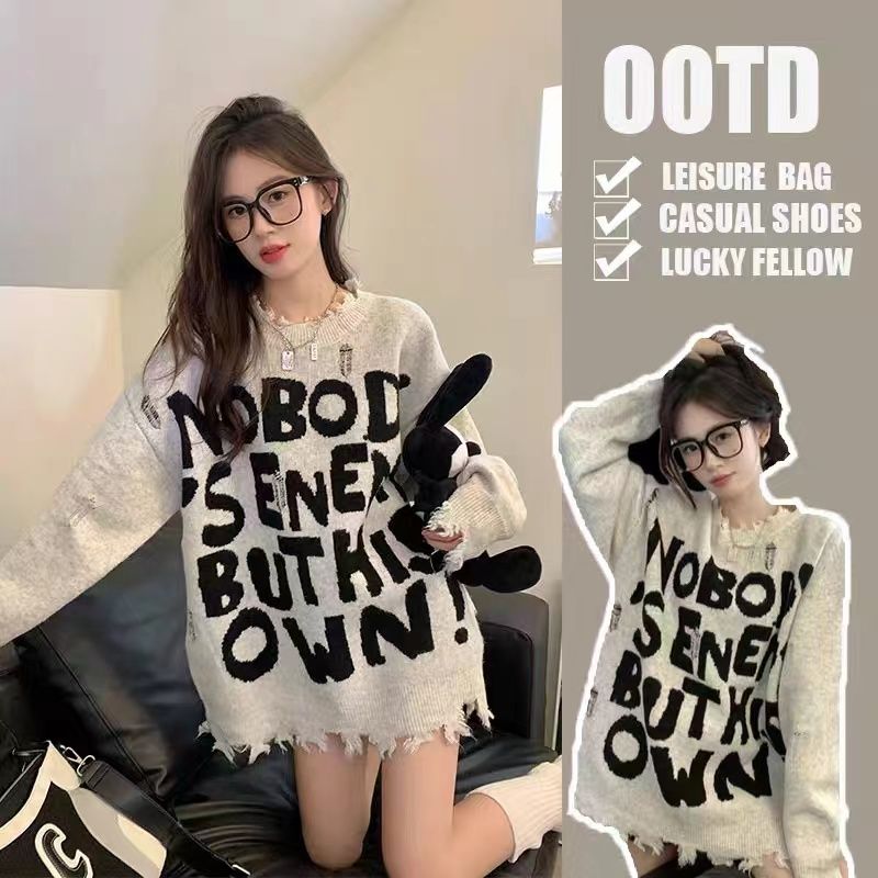 美式字母刺繡毛邊破洞毛衣女設計感小眾秋冬寬鬆中長款套頭針織衫