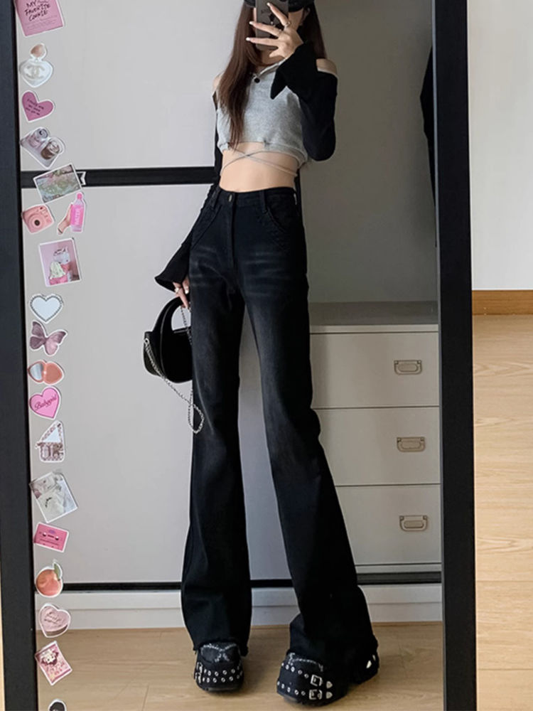 黑色毛邊不貼腿微喇叭牛仔褲女冬季新款高腰復古顯瘦闊腿拖地褲子