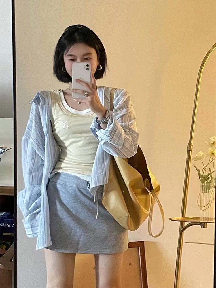 CONGRAZIO粉色條紋襯衫女春秋新款設計感襯衣通勤港風長袖上衣女