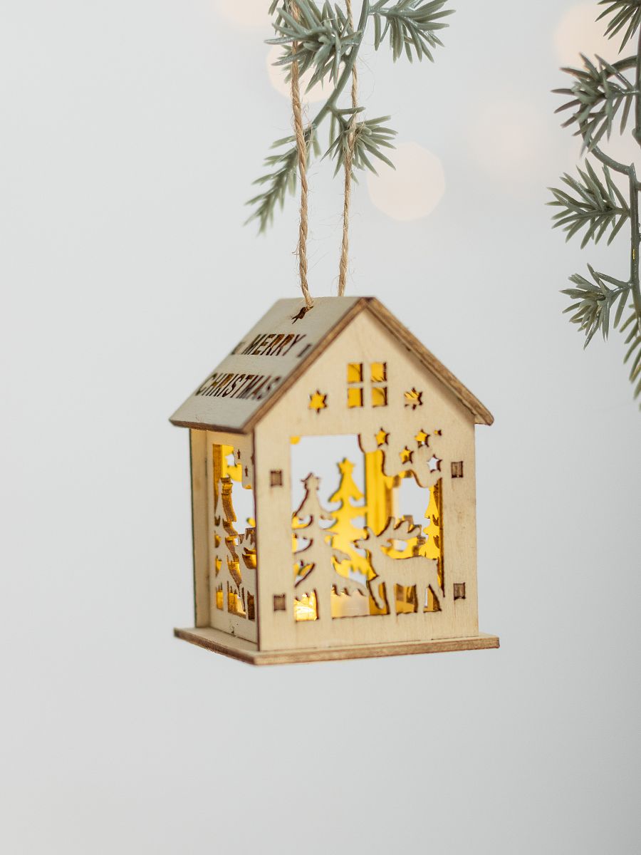 New Christmas luminous wooden house pendant Christmas tree decorations log mini landscaping desktop ornaments house