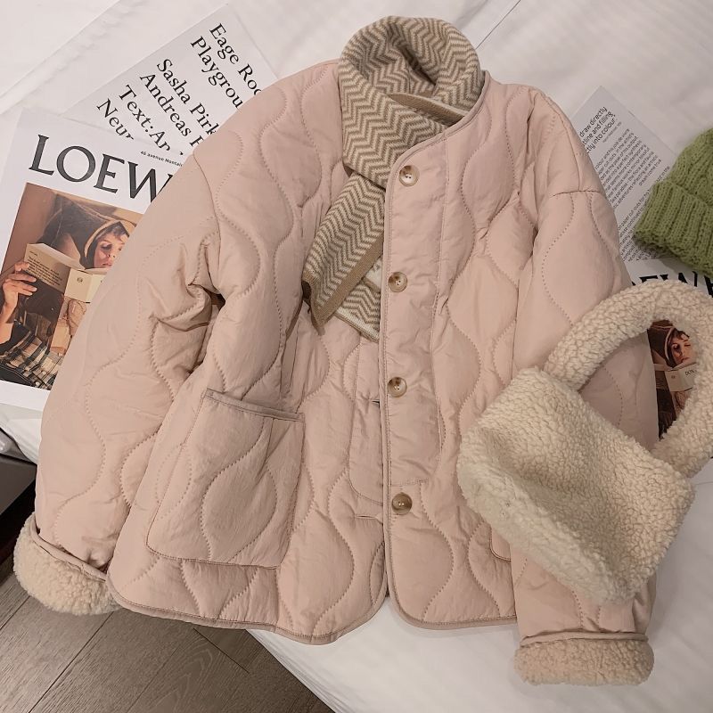 加絨加厚粉色菱格紋棉服女冬季韓系甜美感百搭輕薄短款小個子外套