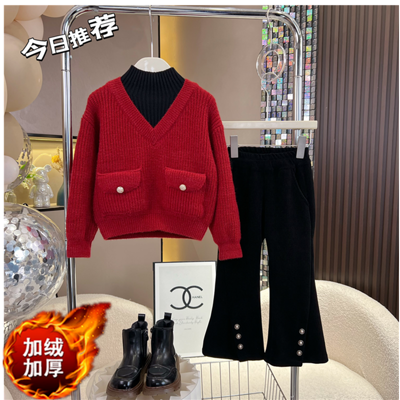 Girls' Autumn and Winter Thickened Suit Children's Winter New Solid Color Fake Two-piece Round Neck Versatile Sweater Plus Velvet Bootleg Pants