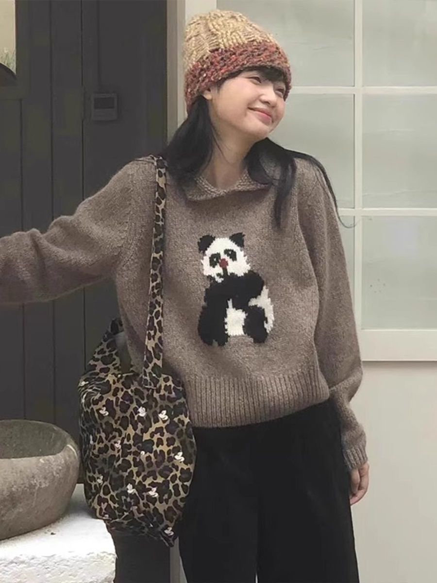 方領浣熊絨套頭毛衣女秋冬慵懶風加厚寬鬆內搭打底外穿短款針織衫