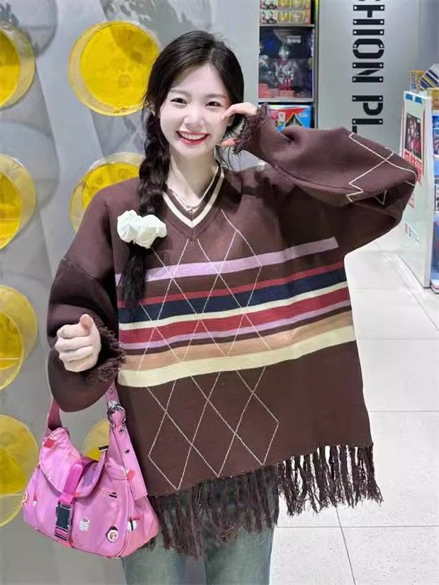 2023秋冬季新款復古學院風撞色條紋流蘇毛衣女設計感慵懶針織衫潮