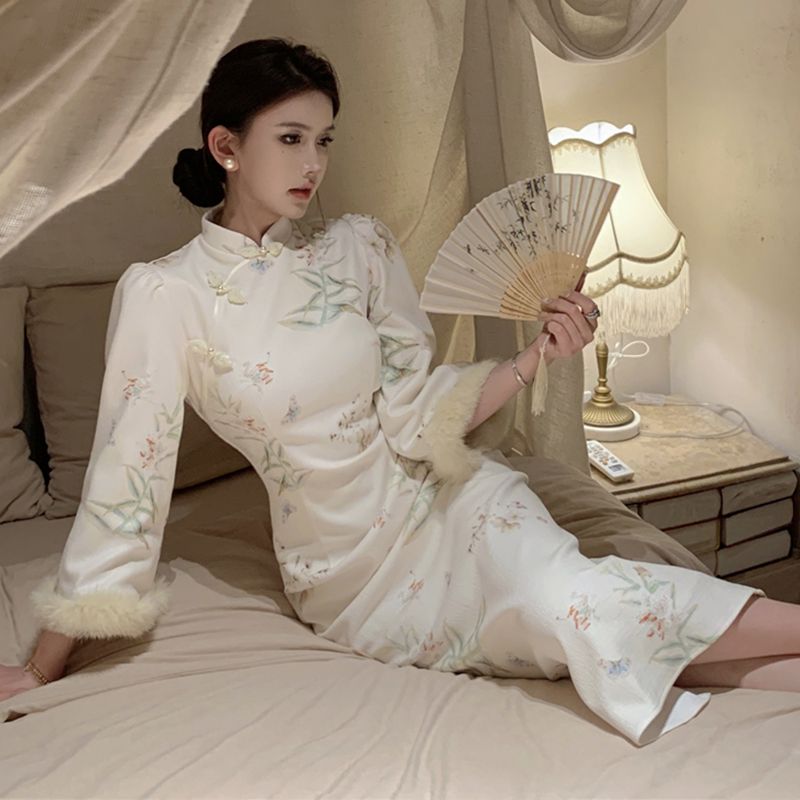 國風新中式女裝年輕款改良旗袍裙高端加絨加厚連衣裙秋冬2023新款