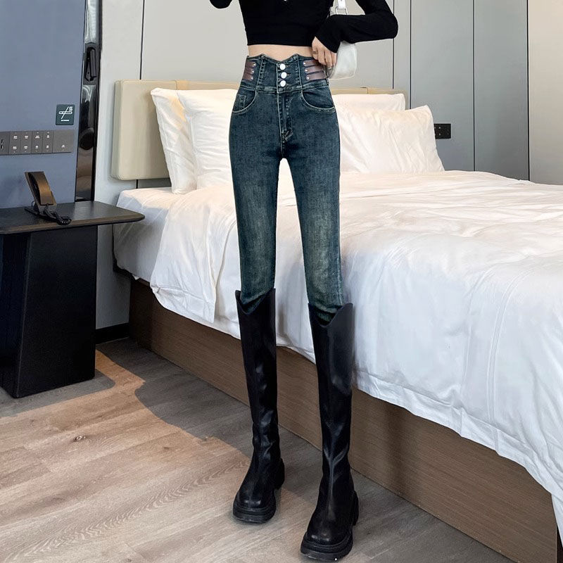 提臀小腳牛仔褲女2023年高腰時尚洋氣三排扣設計感修身緊身鉛筆褲
