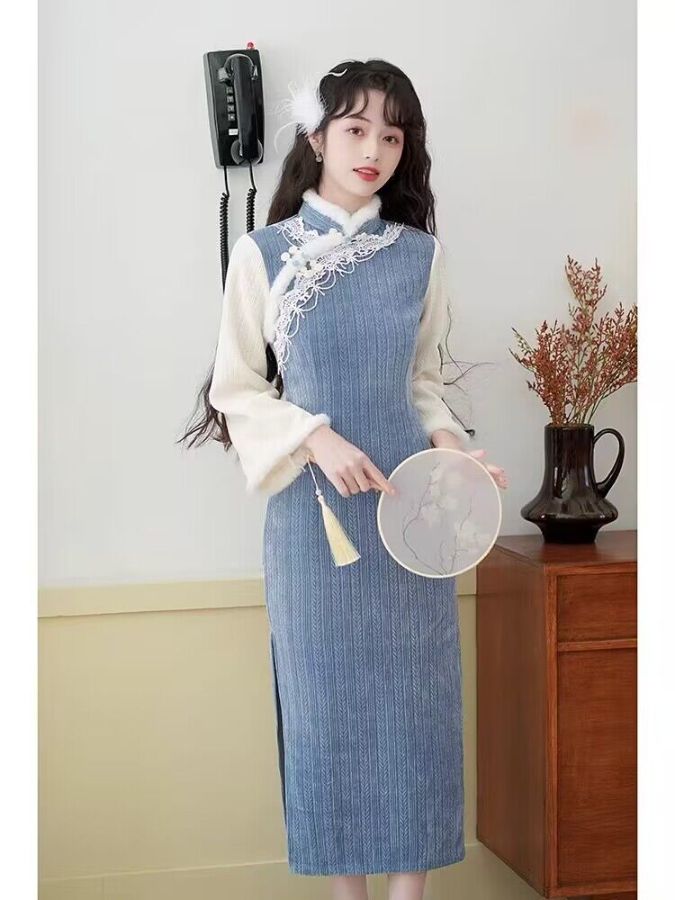 藍色旗袍2023新款改良年輕款少女秋冬長袖加厚保暖冬季新中式淑女
