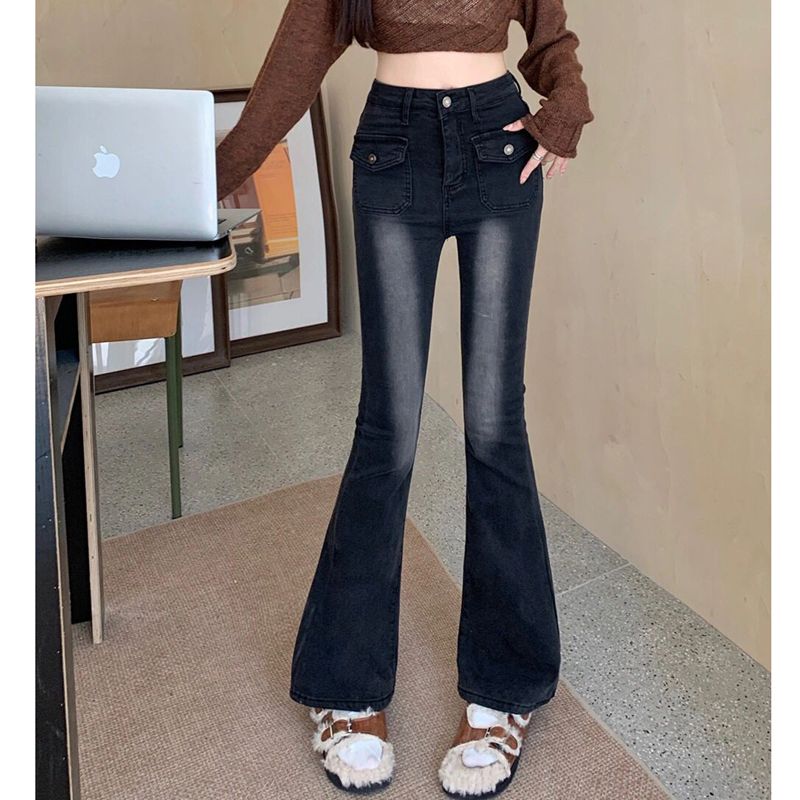 復古黑灰色喇叭褲牛仔褲女秋冬小個子彈力高腰顯瘦直筒馬蹄長褲潮