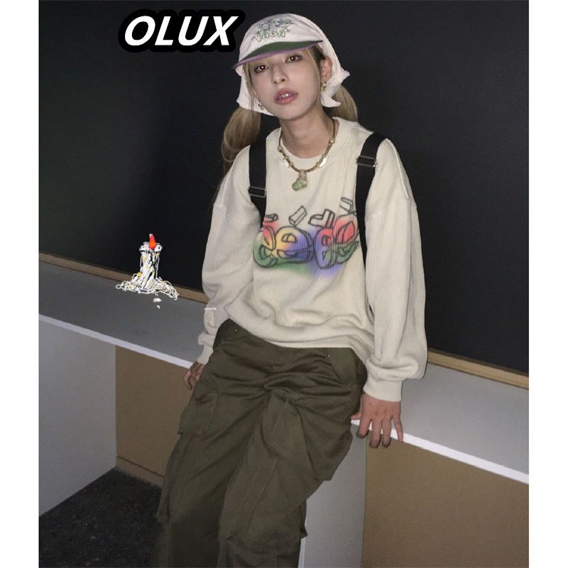 OLUX重磅復古手繪塗鴉嫁人就愛好圓領衛衣女學生寬鬆高街套頭上衣