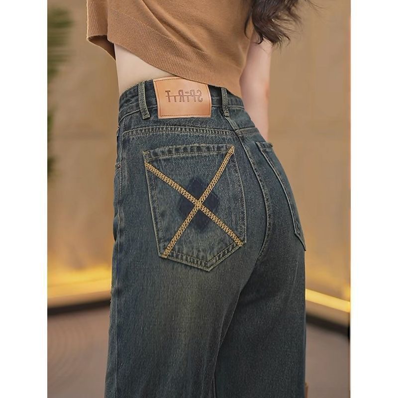 加絨高腰牛仔褲女2023新款直筒窄版復古闊腿美拉德寬鬆顯瘦褲子
