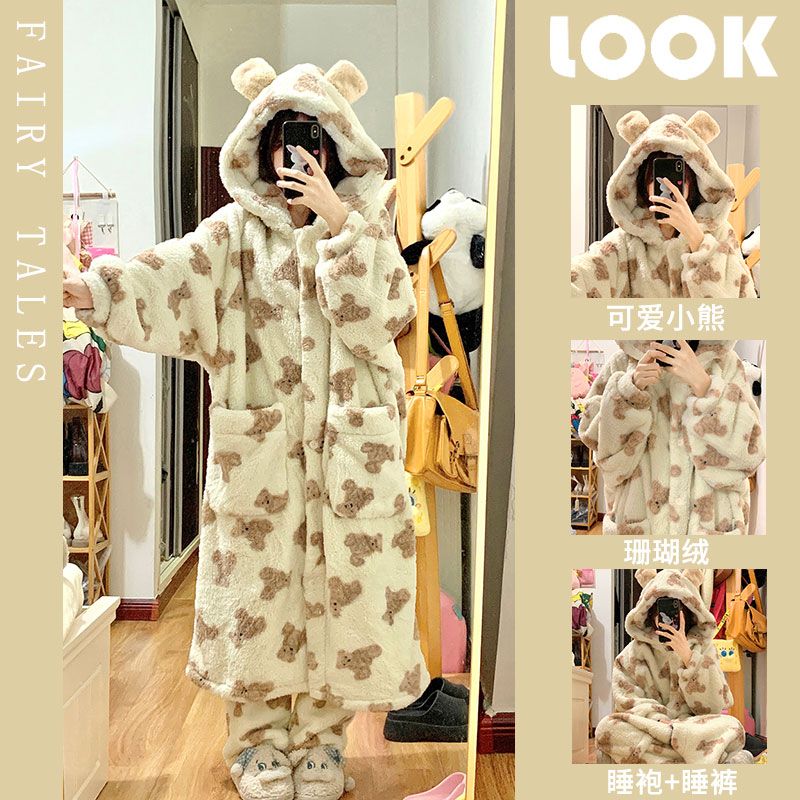 可愛小熊珊瑚絨睡衣女冬季加絨加厚保暖法蘭絨連帽睡袍居家服套裝