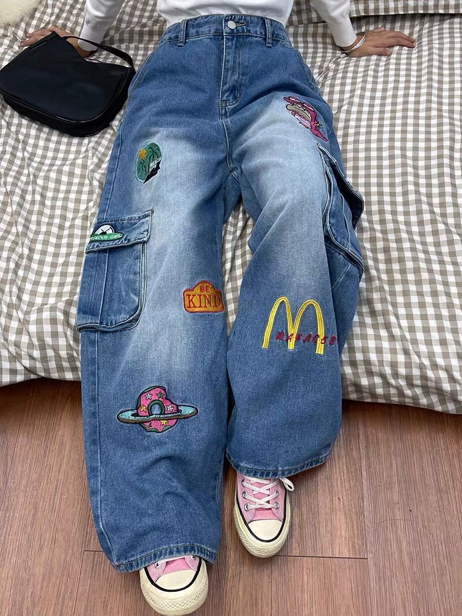 美式卡通趣味刺繡貼布闊腿牛仔褲女學生百搭工裝口袋直筒拖地褲潮