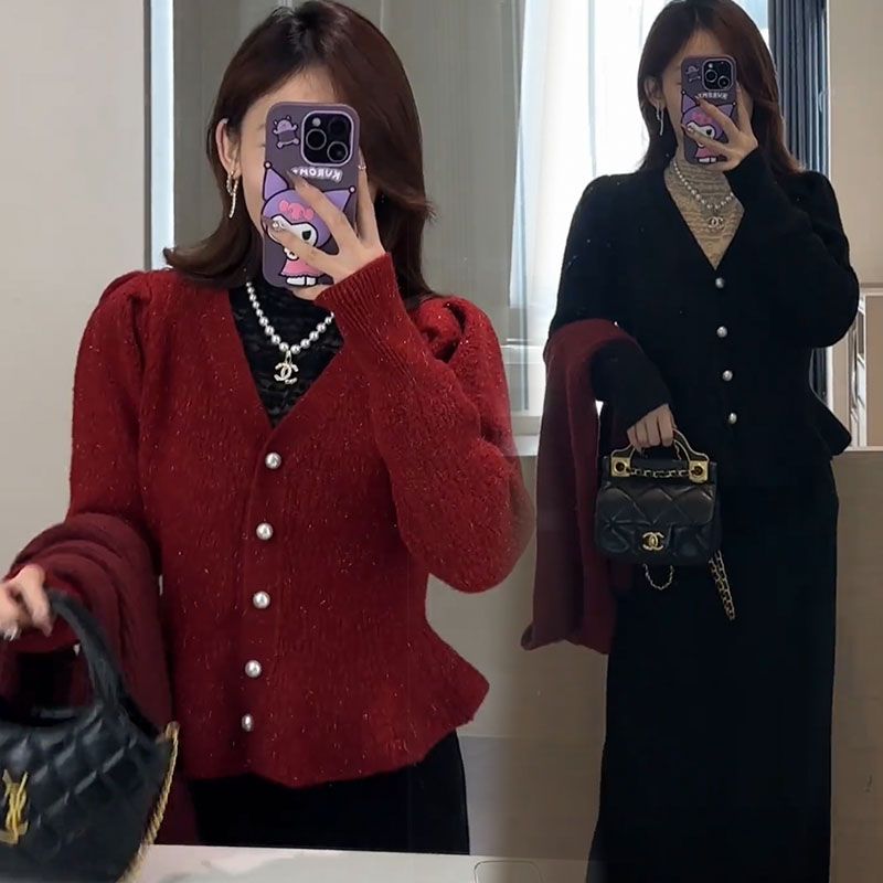 藍海奕諾V領加厚毛衣短開衫外套女2023秋冬新款洋氣小個子針織衫