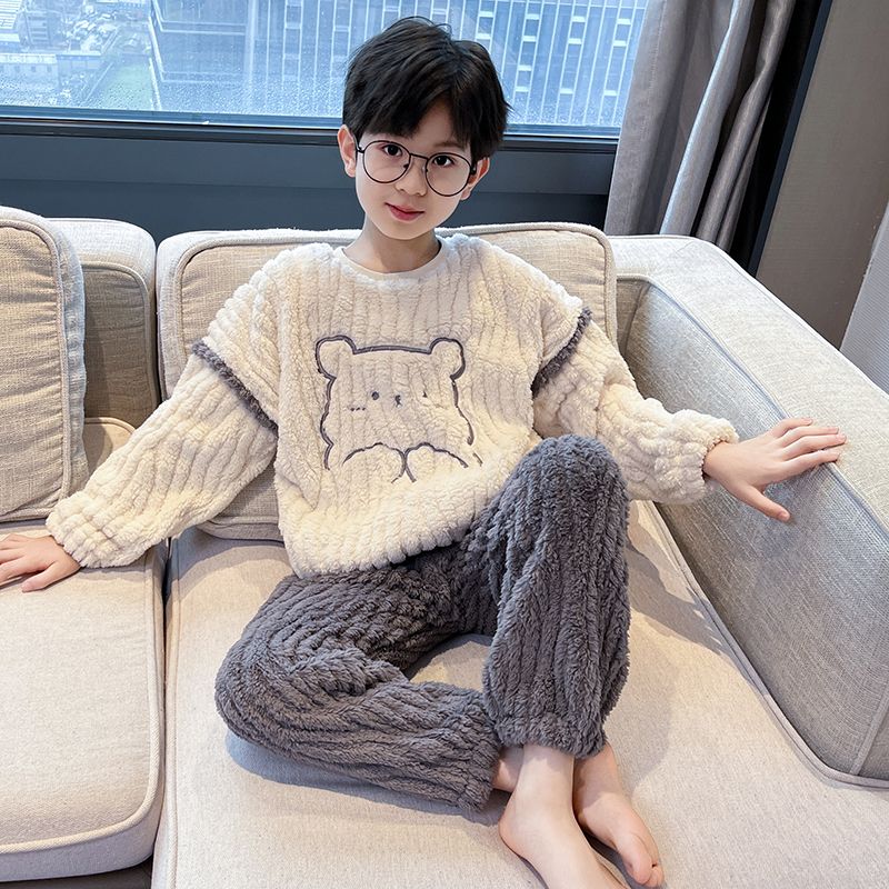 男童法蘭絨睡衣秋冬2023新款兒童冬季家居服洋氣男孩珊瑚絨兩件套