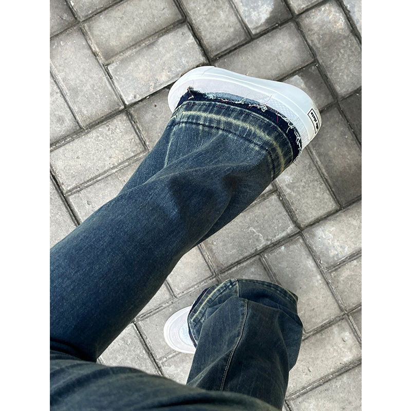 復古微喇叭毛邊設計感牛仔褲女小個子秋冬直筒顯瘦修身拖地長褲潮