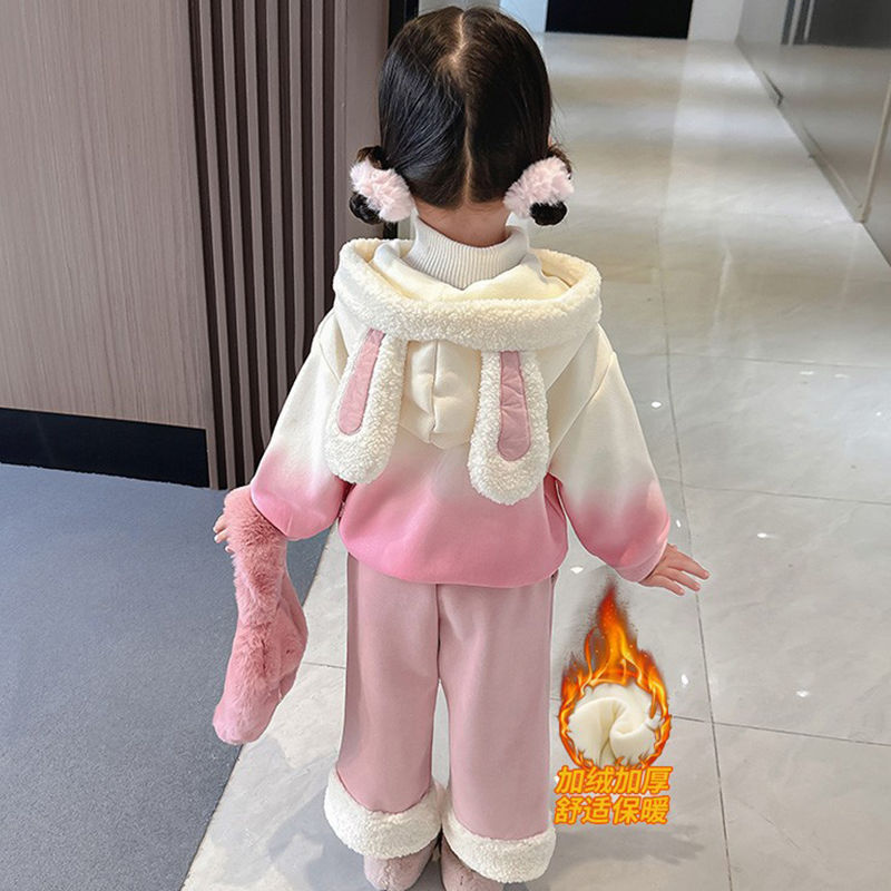 女童秋冬加绒套装2023新款洋气时尚连帽两件套女宝宝冬兔子套装冬