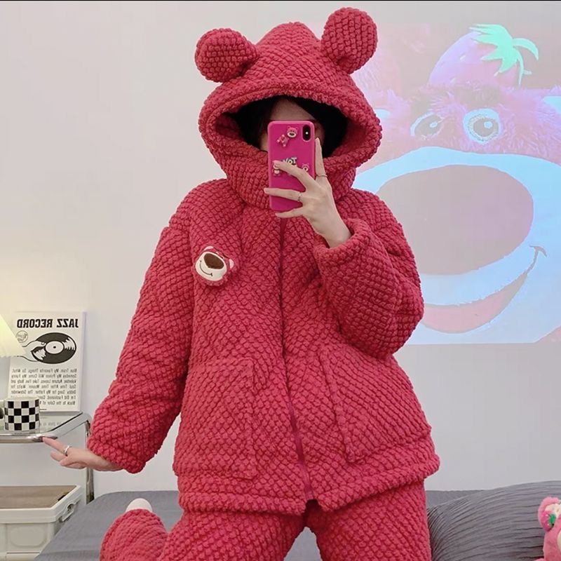 睡衣女士冬季三層夾棉加厚連帽珊瑚絨保暖防寒甜美大碼家居服套裝