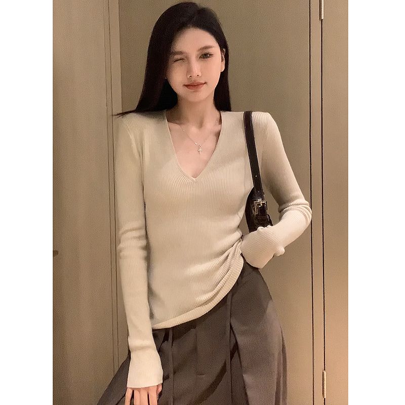2023秋季新款百搭純色針織衫V領設計感小眾長袖女上衣修身打底衫