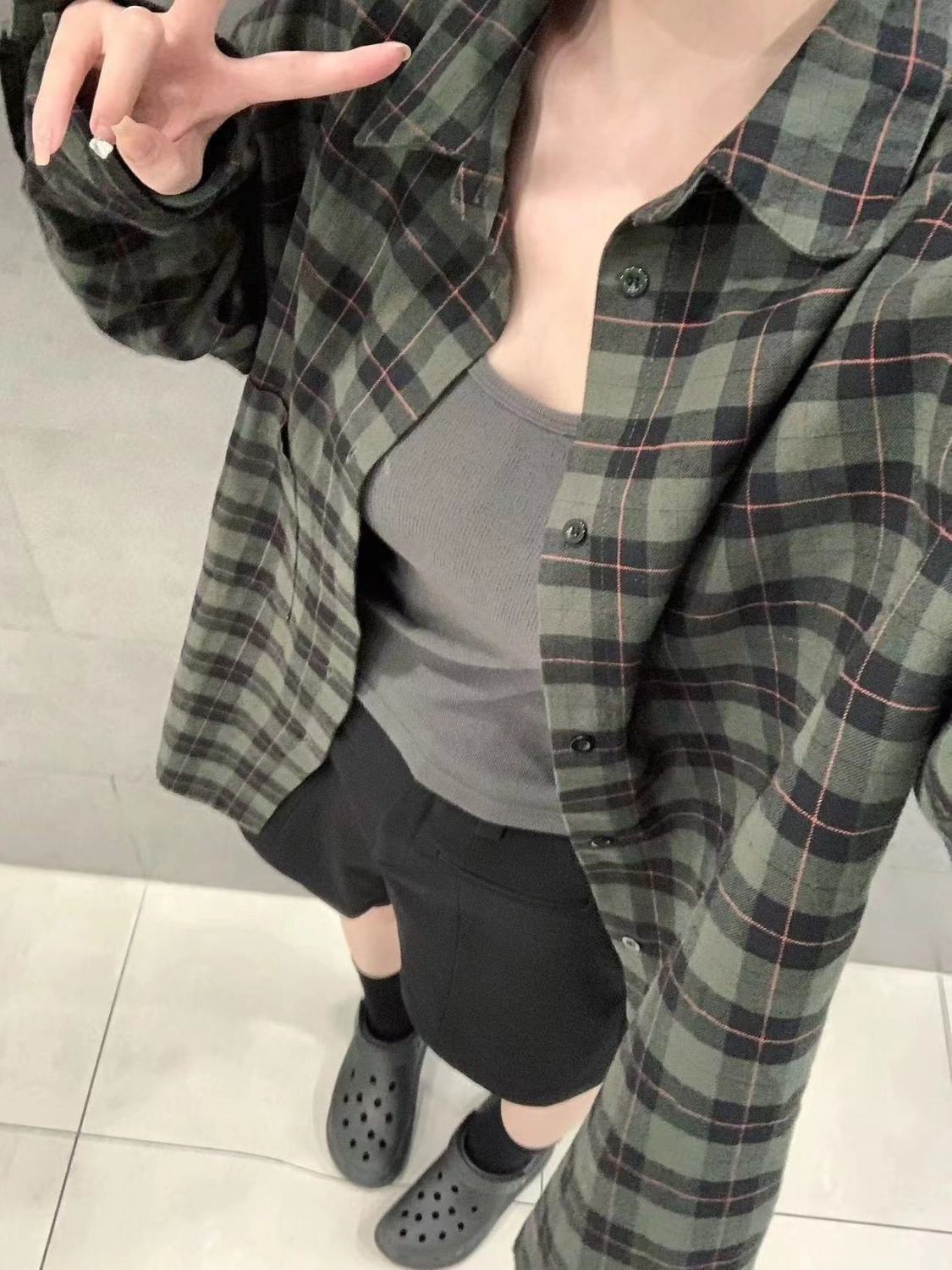 復古chic綠色格子襯衫女2023秋冬款寬鬆休閒顯瘦襯衣外套ins潮流