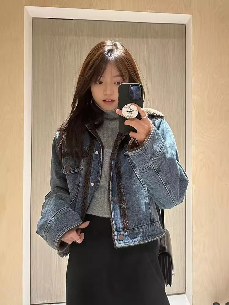 大碼復古加絨牛仔外套女胖mm冬季新款寬鬆高級感加厚保暖棉衣棉服