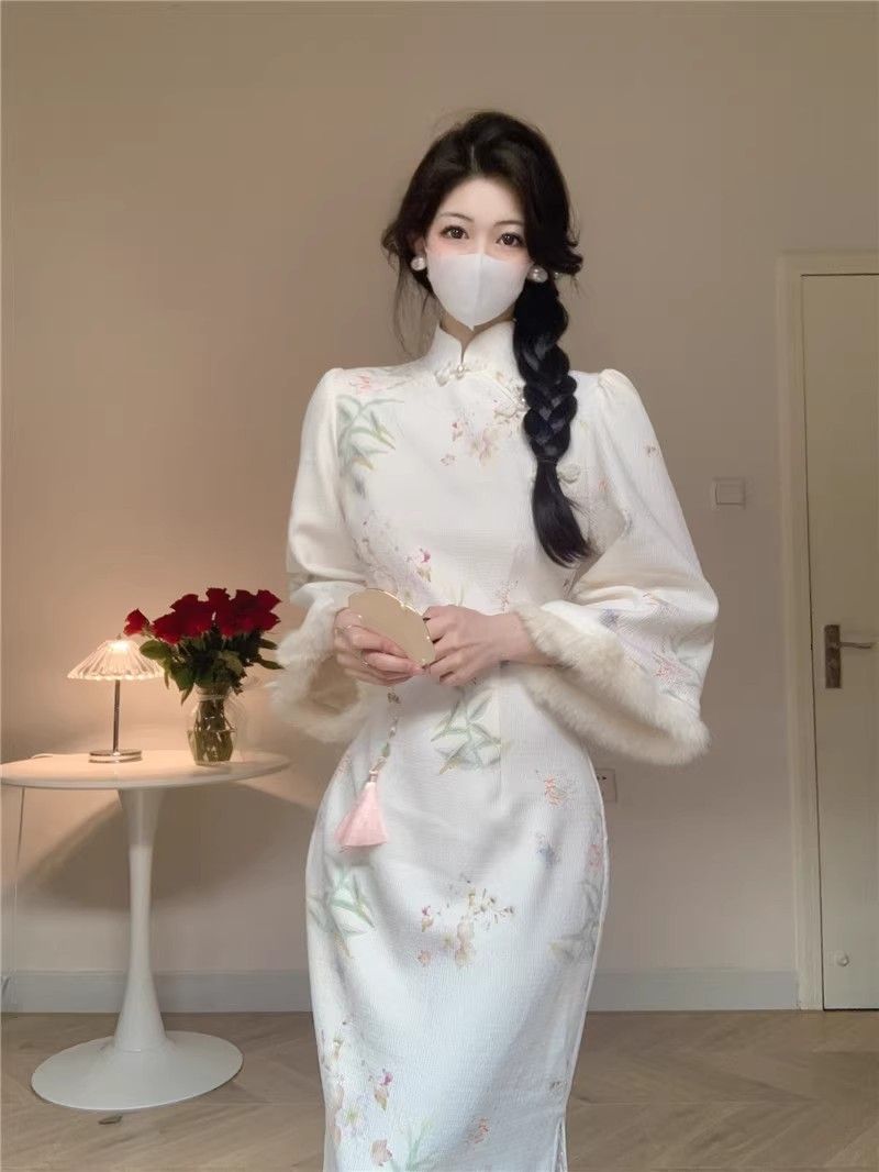 國風新中式女裝改良旗袍連衣裙高級感加絨氣質長裙子秋冬2023新款