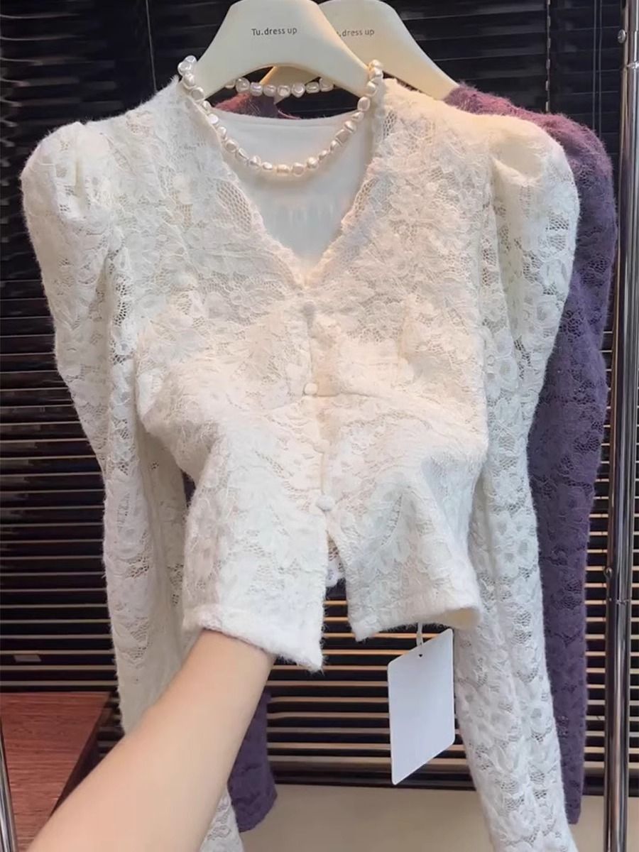 性感蕾絲加絨修身長袖打底衫女秋冬季內搭小眾別致獨特高級感上衣