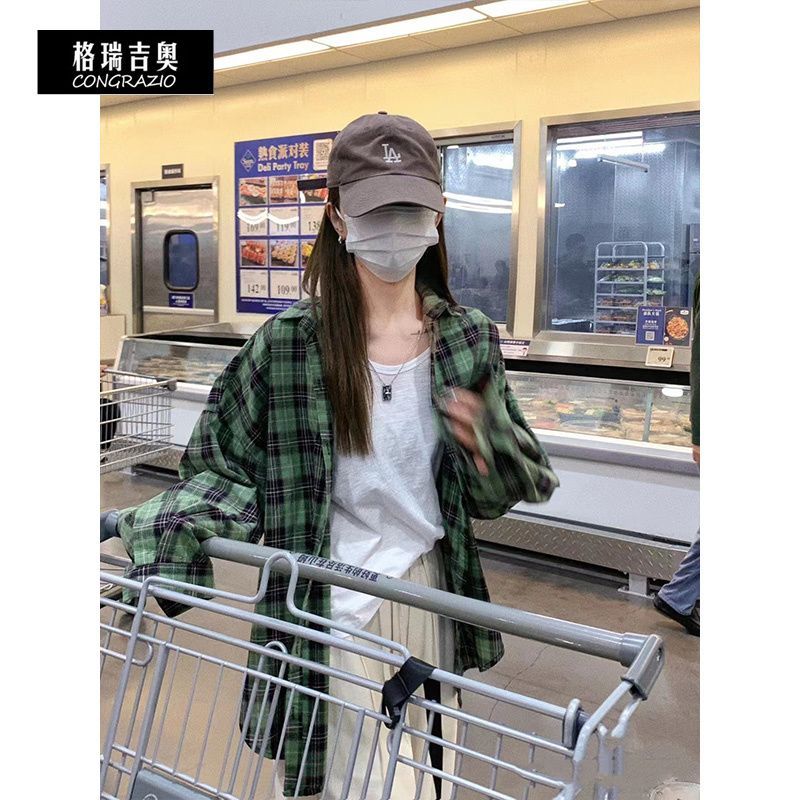 CONGRAZIO/格瑞吉奧韓版chic慵懶長袖襯衫休閒綠色格子上衣外套女
